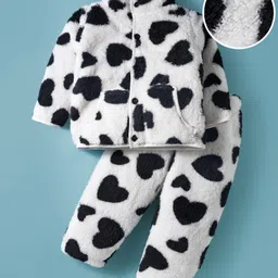 Mark & Mia Full Sleeves Co-ord Winter Night Suit with Heart Print & Kangaroo Pocket - White-picture-14