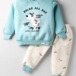 Teddy Fleece Knit Full Sleeves Puppy Printed Winter Night Suit - Aqua Blue-picture-20