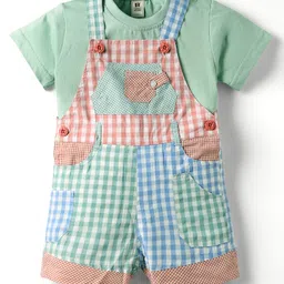 ToffyHouse Corduroy Woven Half Sleeves T-Shirt & Dungaree with Checks - Mint Red & Blue image 1