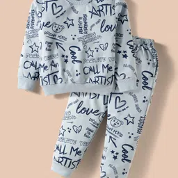 Smarty Girls Fleece Knit Full Sleeves Co-ord Winter Night Suit with Artist Text Print - Sky Blue-picture-19