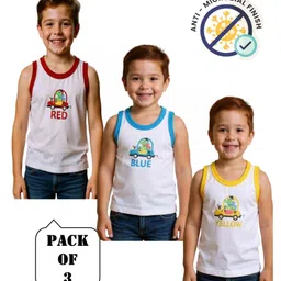COCOON ORGANICS 100% Cotton Knit Pack Of 3 Sleeveless Baby Dinosaurs Driving Cars Printed Anti Microbial Vests - White Yellow Red & Sky Blue-picture-14