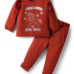 Doodle Poodle 100% Cotton Single Jersey Knit Full Sleeves Top & Lounge Pant Set With Unicorn Print - Light Brown-picture-37