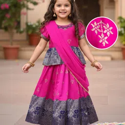 Babyhug Brocade Woven Half Sleeves Pattu Pavada Choli Lehenga & Dupatta Set with Floral Print - Fuchsia-picture-21