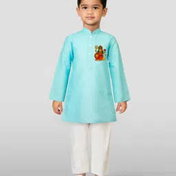 JBN Creation Cotton Woven Navratri Theme Full Sleeves Maa Durga Printed Kurta Pyjama Set - Aqua-picture-16