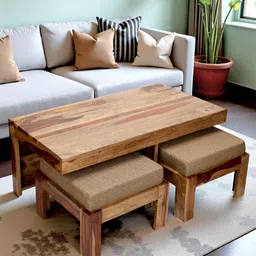 Ikiriya Irish Sheesham Wood Accent Coffee Table Set / Center Table / Sofa Table with 2 Stools in Teak Finish with Jute Beige Cushions-picture-15