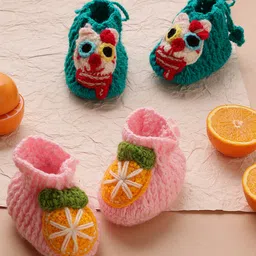 MayRa Knits Pack Of 2 Hand Knitted Woven Orange Applique Detailed Set Of Booties - Green & Pink-picture-23