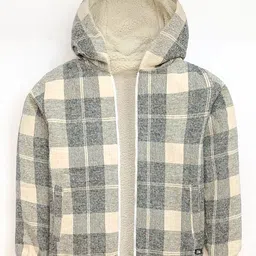 Cherry Crumble By Nitt Hyman Full Sleeves Checkered & Faux Fur Detailing Reversible Hooded Jacket - Cream & Black image 3