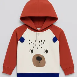 Bonfino 100% Cotton Knit Full Sleeves Drop Shoulder Oversized Hooded Raglan Full Sleeves Hooded T-Shirt & Cargo Jogger Set With Teddy Print - Rust Orange & Navy Blue image 2
