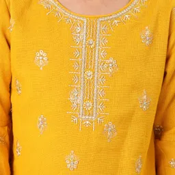 Babyhug Woven Three Fourth Bell Sleeves Kurti Gharara & Dupatta Set with Floral Embroidery - Mustard image 4