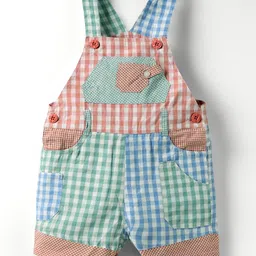 ToffyHouse Corduroy Woven Half Sleeves T-Shirt & Dungaree with Checks - Mint Red & Blue image 4