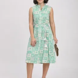 R&B Beige & Aqua Cotton Geometric Print A-Line Dress-picture-39