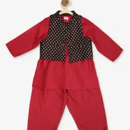 Fabindia Kids Red & Black Solid Kurta, Pyjamas with Jacket-image-38