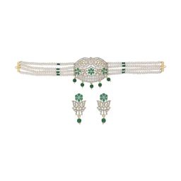 Sri Jagdamba Pearls Raksha Pearl White & Green Alloy Necklace & Earring Set-picture-48