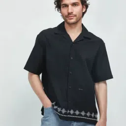 Rare Rabbit Black Boxy Fit Embroidered Shirt-image-0