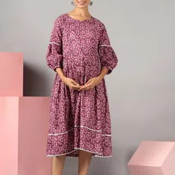 Ikk Kudi by Seerat Floral Print Puff Sleeve Maternity Fit & Flare Midi Dress-image-31