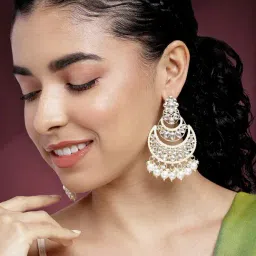 Peora Traditional White Gold-Plated Kundan & Beads Drop Earring-picture-37