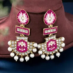 Peora Traditional Rani Pink Gold-Plated Kundan & Beads Chandlier Earrings-image-2