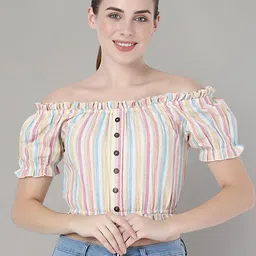 Zuvino Women Striped Off-Shoulder Puff Sleeve Ruffles Cotton Blouson Crop Top-picture-10