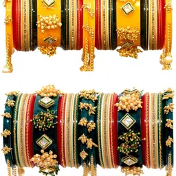 Zindura Set Of 2 Gold-Plated Artificial Stone-Studded & Beaded Chuda Bangles With Hangings-picture-48