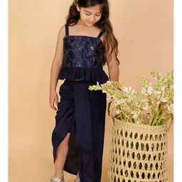 Vastramay Sleeveless All Over Floral Embroidered Peplum Choli & Abstract Dhoti Style Lehenga Set - Navy Blue-picture-16