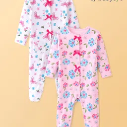 Babyoye Eco Conscious 100% Cotton With Eco Jiva Finish Full Sleeves Sleep Suit With Butterfly & Floral Print Pack Of 2 - White & Pink-picture-38