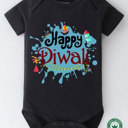 BLUSHES Diwali Theme 100% Cotton Half Sleeves Happy Diwali Text Printed Onesie - Black-picture-36