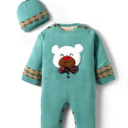 Yellow Apple Knit Full Sleeves Winter Wear Rompers & Cap With Bear Embroidery - Teal Blue-picture-15