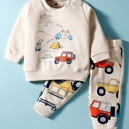 Zero Fleece Knit Full Sleeves Fleece Winter Wear Suit with Vehicle Print - Beige-picture-39
