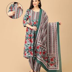 The Mom Store Cotton Knit Three Fourth Sleeves Floral Printed Maternity & Side Zipper Nursing Access Kurta With Pant & Dupatta Set - Multi Colour-picture-9