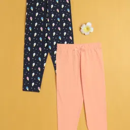 BUMZEE Cotton Knit Pack Of 2 Solid & Ice Cream Printed Leggings- Peach & Navy-picture-35