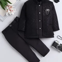 Fourfolds Jacquard Woven Full Sleeves Abstract Embroidered Sequins Embellished Sherwani With Pant & Jacket Set - Black-picture-21