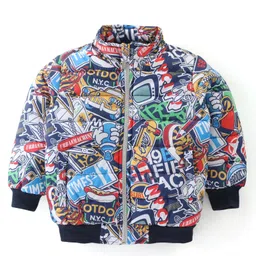 Babyhug Woven Full Sleeves Printed Padded Hooded Jacket- Multicolor image 2