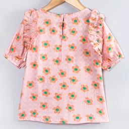 Hugsntugs Cotton Woven Half Sleeves Flower Printed Top - Pink image 3