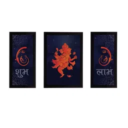 eCraftIndia Set of 3 Navy Blue & Orange Lord Ganesha Satin Matt Textured UV Wall Arts image 3