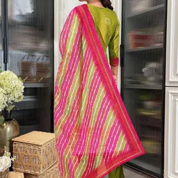 KALINI Floral Printed Thread Work Round Neck Straight Kurta With Trousers & Dupatta image 2