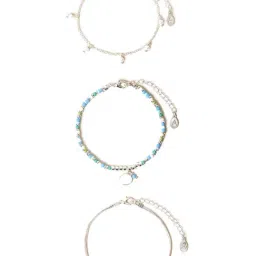 Accessorize London Blue & Green Silver Anklets for Women Pack of 3-image-73