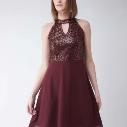 Miss Chase Maroon Embellished A-Line Dress-picture-38