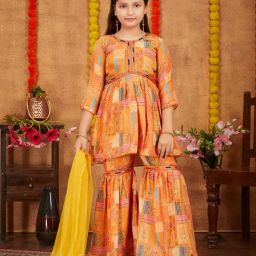 Aarika Kids Orange Printed Kurta, Gharara with Dupatta-picture-19
