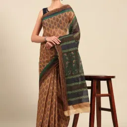 SHANVIKA Beige Pure Cotton Ethnic Motifs Print Saree Without Blouse Piece-image-7