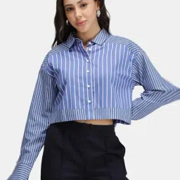 VIRGIO Blue Relaxed Fit Striped Shirt-image-82