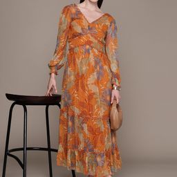 Label Ritu Kumar Floral Print Puff Sleeve Ruffled Chiffon A-Line Maxi Dress-picture-30