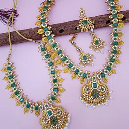 EVY Set Of 2 Gold-Plated CZ Studded & Beaded Peacock Pendant Bridal Jewellery Sets-picture-49