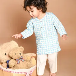 LIL PITAARA Pure Cotton Full Sleeves Seamless Baby Elephant Motif Printed Kurta With Pyjama - White & Blue-picture-15