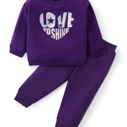 Babyhug Cotton Terry Knit Full Sleeves T-Shirt & Lounge Pants Set With Text Print - Purple-picture-12