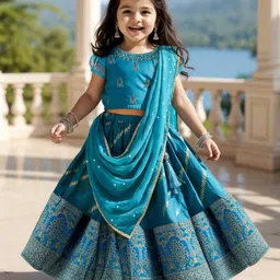 Babyhug Woven Short Sleeves Mirror Work & Sequin  Embroidered Choli & Lehenga Set with Dupatta  - Teal Blue image 1