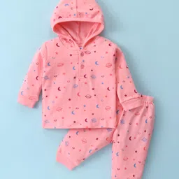 Tango Interlock Knit Full Sleeves Hooded Night Suit With Planets & Stars Print - Pink image 1
