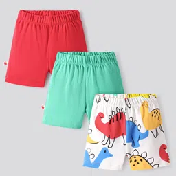 Bonfino 100% Cotton Knit Above Knee Length Shorts With Solid Colour & Dino Print Pack of 3 - Red Green & White-image-21