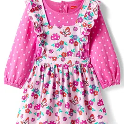 Babyhug Cotton Knit Full Peasant Sleeves Polka Dots & Floral Printed Top & Frock - Dark Pink-picture-20