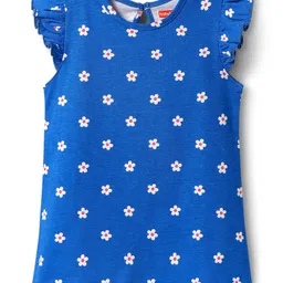 Babyhug Cotton Knit Frill Sleeves A Line Nighty with Floral Print - Blue-picture-14