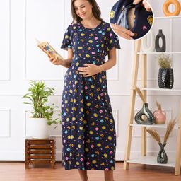Bella Mama Cotton Knit Half Sleeves Maternity Nighty With Animal Print - Navy Blue-picture-7
